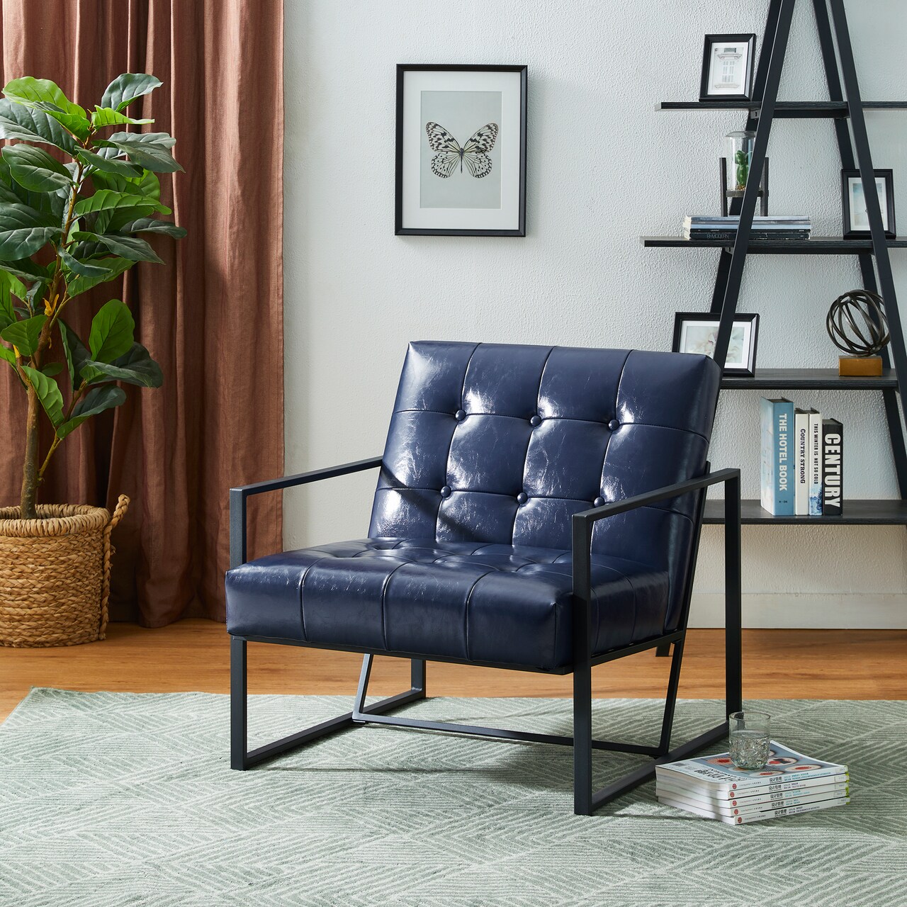 30.5"H Mid-Century Modern Leatherette Button-tufted Accent Arm Chair with Black Metal Frame